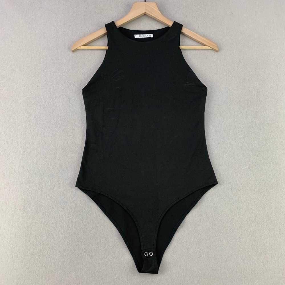 REORIA High Neck Bodysuit Women M Black Sleeveless Racerback Stretch‎ Minimalist